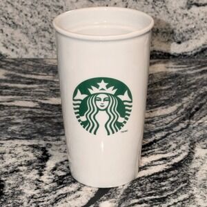Starbucks 2011 White Ceramic Travel Tumbler Mug Siren Logo 12oz Double Wall